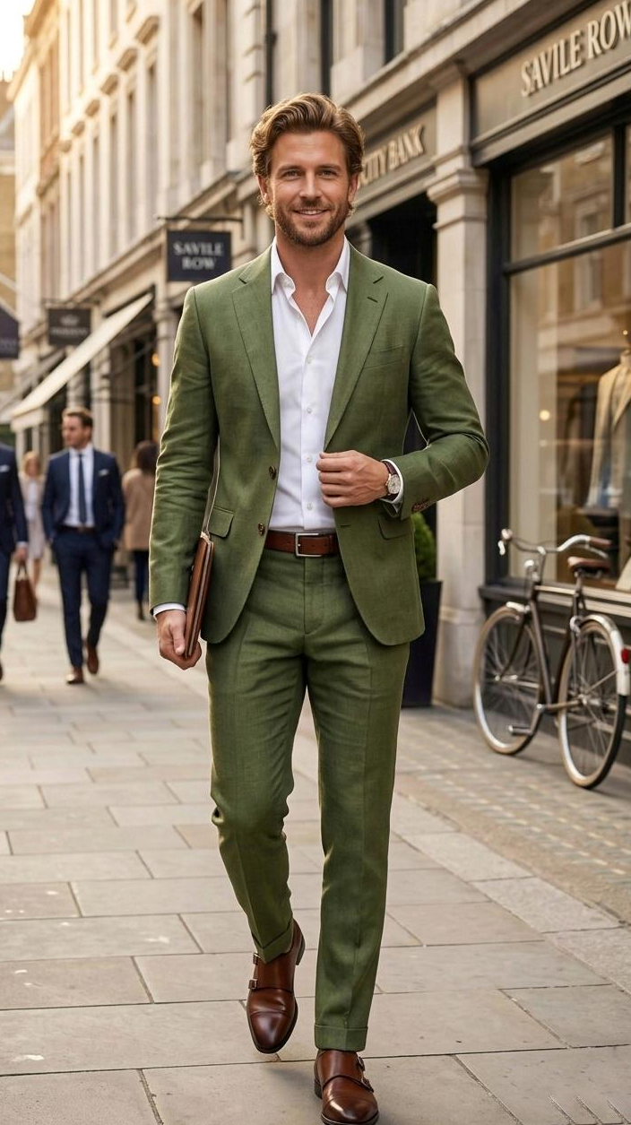 Linen suit in olive green