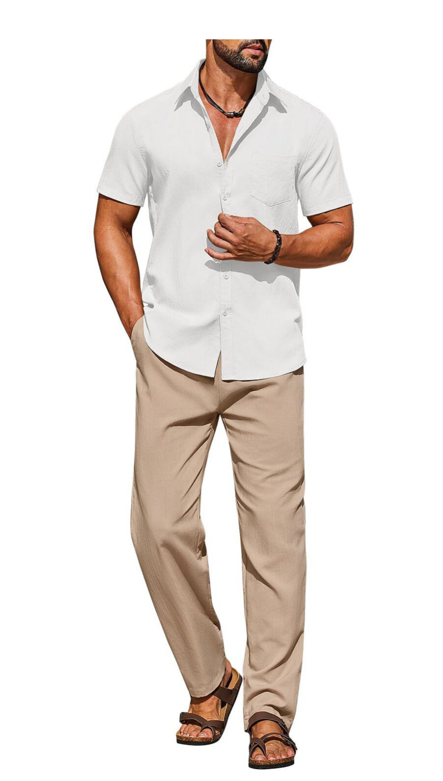 Crisp linen shirt + tailored tan